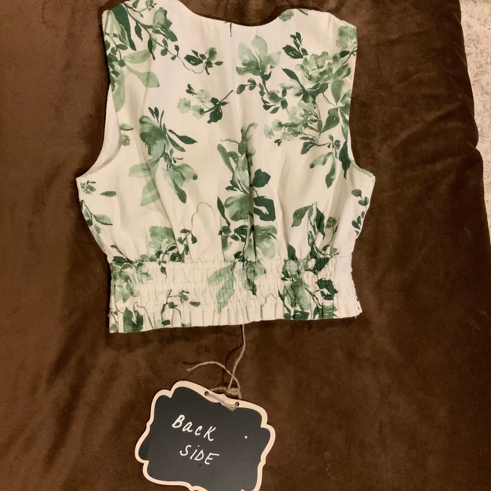 Abercrombie & Fitch White Green M Linen/Cotton Top Cropped Coquette Scandi Girl - Picture 5 of 9